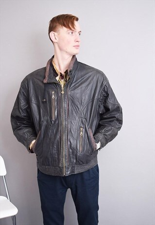 80'S RETRO BLACK GENUINE LEATHER BOMBER BIKER JACKET TOP