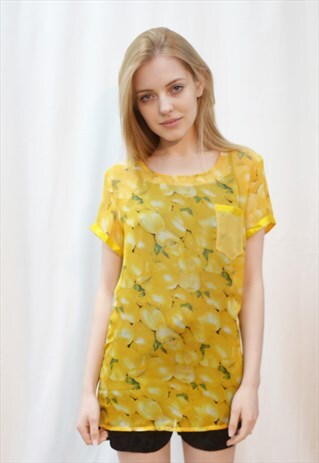 PEACH FRUIT PRINT TOP (YELLOW)
