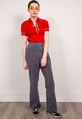 VINTAGE 90'S GREY CORD HIGH WAIST KICK FLARE TROUSERS