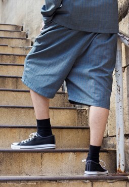 Blue Retro Striped Premium Wool Oversized shorts Y2k