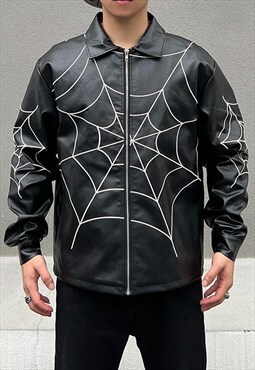 Black Faux leather Embroidered Spider Baseball jacket 
