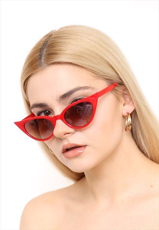 RED RETRO THIN CAT EYE SLIM SUNGLASSES UV400