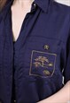 90S GOLD BUTTON BLUE BLOUSE, VINTAGE FLORAL EMBROIDERY SHIRT