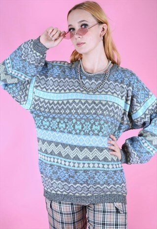VINTAGE 90S KNIT JUMPER GEOMETRIC PATTERN PASTEL BLUE GREY