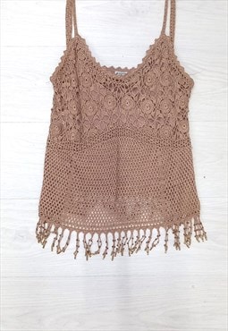 Y2k Etam Cami Top Beige Brown Crochet Tassel 