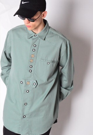 VINTAGE 90S GREYISH GREEN EMBROIDERED LONG SLEEVE SHIRT