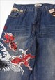 VINTAGE JAPANESE EMBROIDERED KOI DENIM JEANS IN BLUE