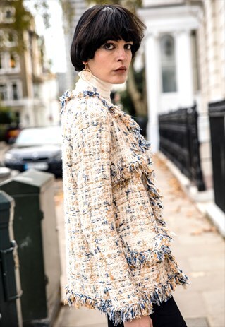 CREAM AND YELLOW COLOR TWEED EFFECT KNITTED CARDIGAN JACKET