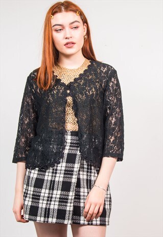 90'S BLACK LACE BUTTON FASTEN QUARTER SLEEVE TOP JACKET