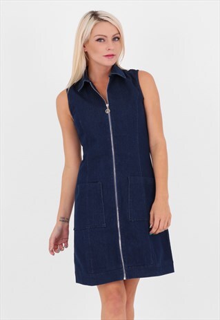 DENIM SLEEVELESS ZIP FRONT COLLARED SHIRT DRESS