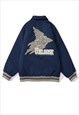 Grunge varsity jacket wings print college bomber in blue