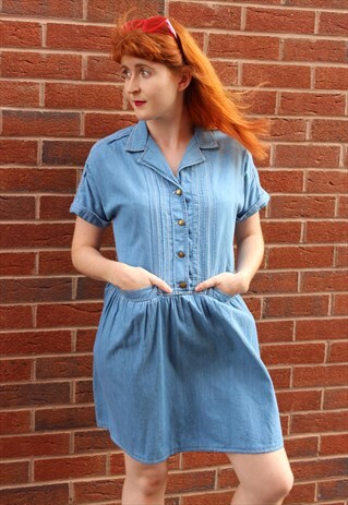 VINTAGE 90S DENIM MINI DRESS LIGHT BLUE EMBROIDERED STRIPES