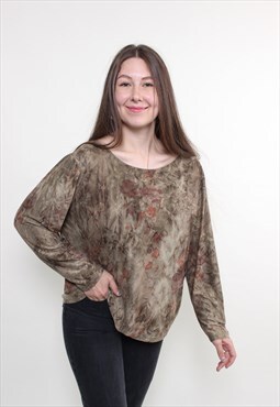 Vintage 90s green flowers blouse, long sleeve pullover top
