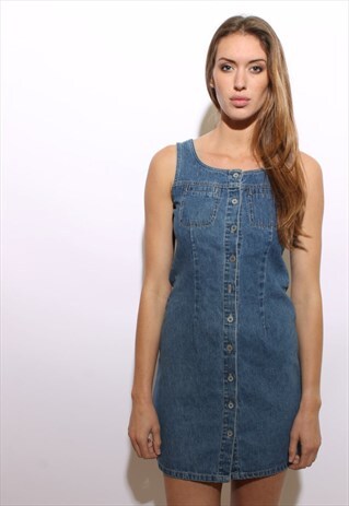VINTAGE 1990'S 90'S BLUE DENIM FITTED MINI DRESS XS-S