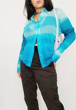 Retro 90s blue ombre mesh minimalist blouse shirt