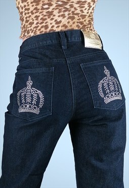 Pompoos Y2K Jeans Rhinestones Pockets Crowns Straight Leg