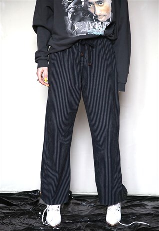 90S VINTAGE BLACK STRIPED TROUSERS WITH DRAWSTRING WAIST
