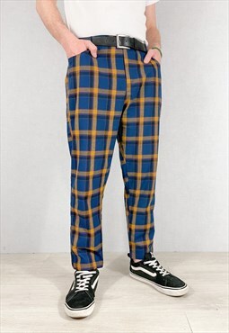 Mens Slim Fit Lined Tartan Cropped Check Trousers Navy Blue