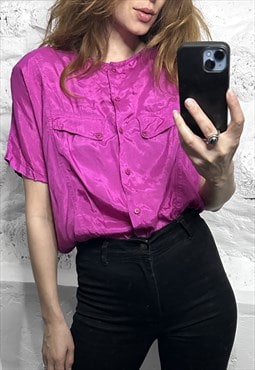 80s Bright Pink Loose Button Down Top / Blouse - M