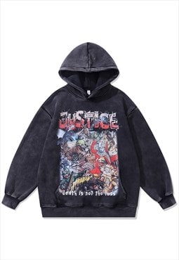 Anime hoodie vintage wash pullover Justice slogan jumper