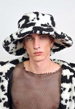 Cow fleece bucket hat oversize animal print cap festival