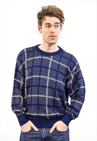 VINTAGE 1980S NAVY BLUE PATTERNED JUMPER
