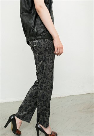 VINTAGE PANTS 80S SILVER ROSE PATTERN HIGH WAIST TROUSERS
