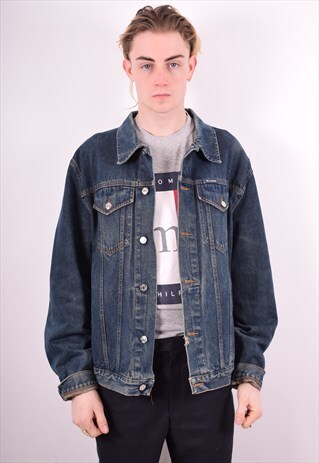MENS VINTAGE DENIM JACKET LARGE NAVY BLUE 90S