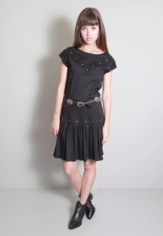 VINTAGE 1990'S BLACK WESTERN BELTED MINI DRESS