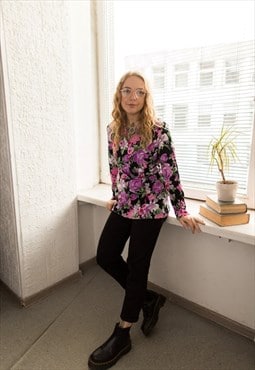 Vintage 70's Black Flower Print Blouse