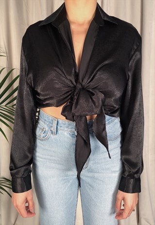 BLACK TEXTURED SILKY PLUNGING TIE FRONT SHIRT