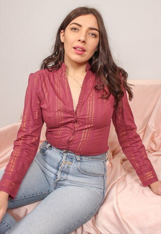 VINTAGE 80S MAROON BLOUSE WITH GOLD STRIPE