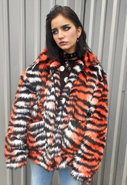 Tiger fleece jacket fauxfur zebra coat tie-dye bomber orange