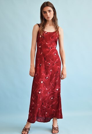 90'S RETRO ABSTRACT FLORAL PRINT MAROON MOMS MAXI DRESS
