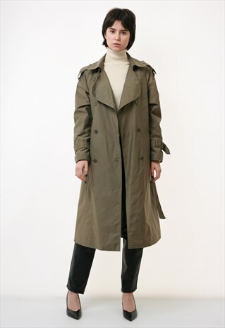80S VINTAGE VTG OLIVE LINED LONG MAXI TRENCH COAT 2400