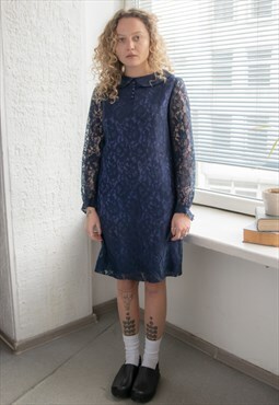 Vintage 80's Purple/Blue Lace Midi Long Sleeved Dress
