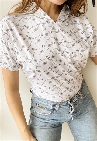VINTAGE 90S FLORAL GRUNGE RAVE TOP BLOUSE T-SHIRT TEE HOODED