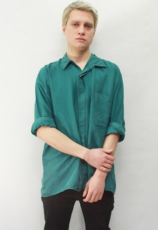 VINTAGE 90' AMAZING BEAUTIFUL CLASSIC TURQUOISE SILK SHIRT