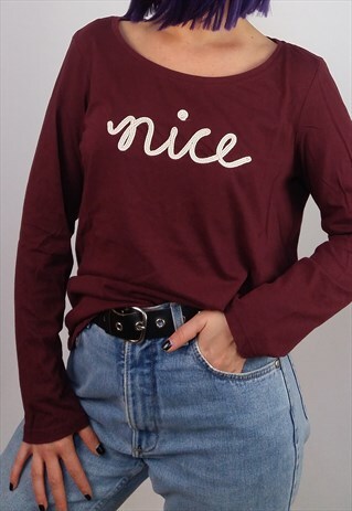 VINTAGE 90'S 'NICE' EMBROIDERY LONG-SLEEVE TOP / SWEATSHIRT