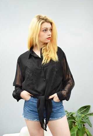 90'S BOHO EMBROIDERY SHEER TIE UP FESTIVAL OVERSIZED TOP