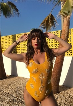 Hand Embellished Seersucker Swimsuit - Yellow