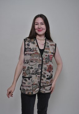 Ethnic wool vest, sleeveless Austrian button up shirt