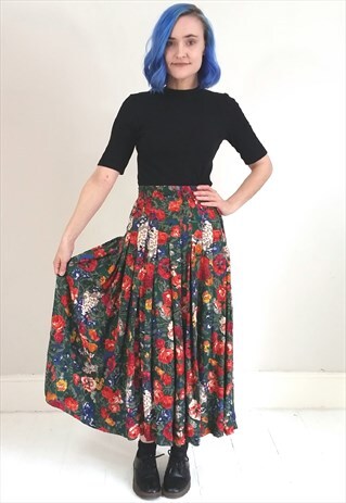 VINTAGE 90'S GREEN AND RED FLORAL PLEATED MIDI SKIRT