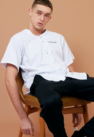 THICK KNIT BUTTON UP BASEBALL JERSEY WHITE