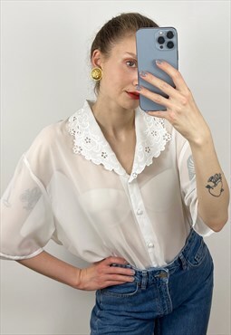 See Through Sheer White Blouse with Embroidered collar