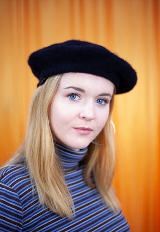 VINTAGE 90S BERET BLACK FLUFFY FAUX FUR WINTER HAT