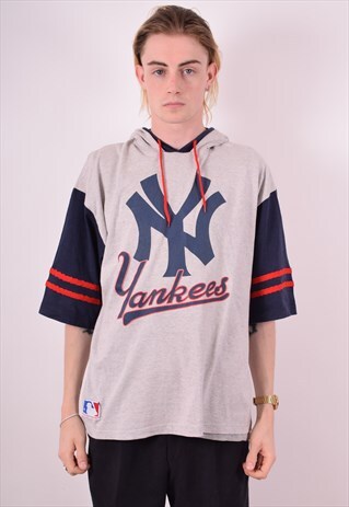MENS VINTAGE NY JANKEES HOODIE TOP LARGE GREY 90S