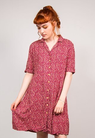 90'S VINTAGE BURGUNDY FLORAL PATTERN SUMMER MIDI DRESS