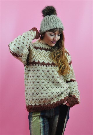 VINTAGE 70S BROWN & CREAM OVERSIZED CHUNKY WOOL KNIT JUMPER