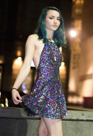 MULTI COLOUR SEQUIN GLITTER HALTERNECK CIRCLE SKATER DRESS H